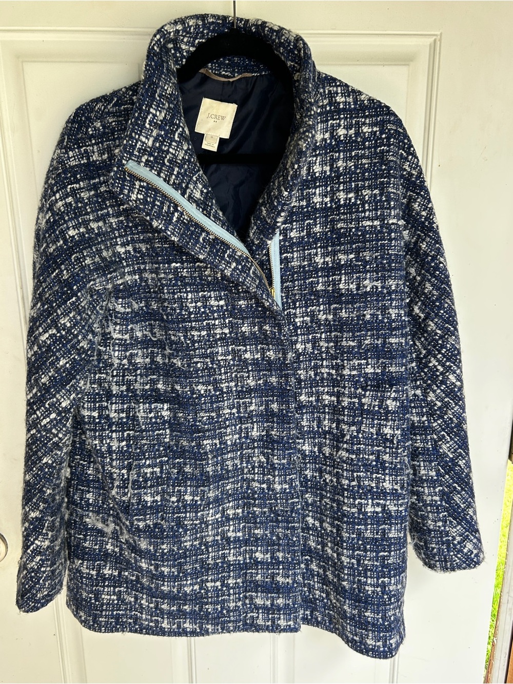 J. Crew Navy and White Tweed Zip-Front Coat
